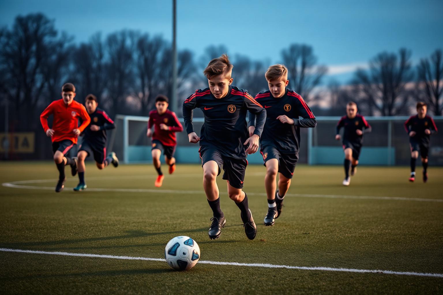 Young football players training